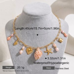 Gold Pink Pearl & Conch Shell Charm Paperclip Necklace
