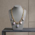 Gold Baroque Pearl & Blue Ceramic Charm Chain Necklace