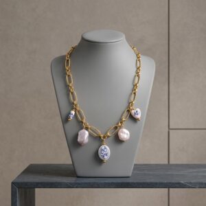 Gold Baroque Pearl & Blue Ceramic Charm Chain Necklace