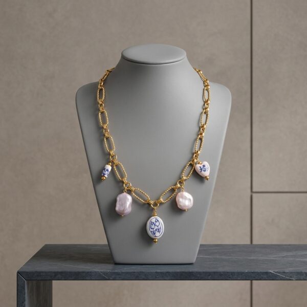 Gold Baroque Pearl & Blue Ceramic Charm Chain Necklace