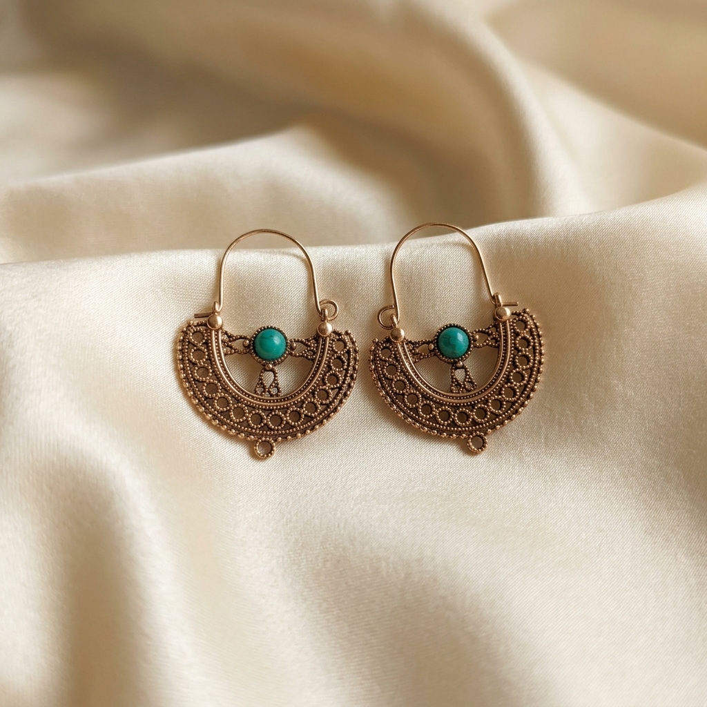 Earring_on_satin_cloth_background_202605251658 (3) Boho Gold Filigree Turquoise Stone Hoop Earrings