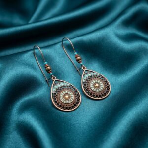 Boho Copper Filigree Mandala Teardrop Dangle Earrings