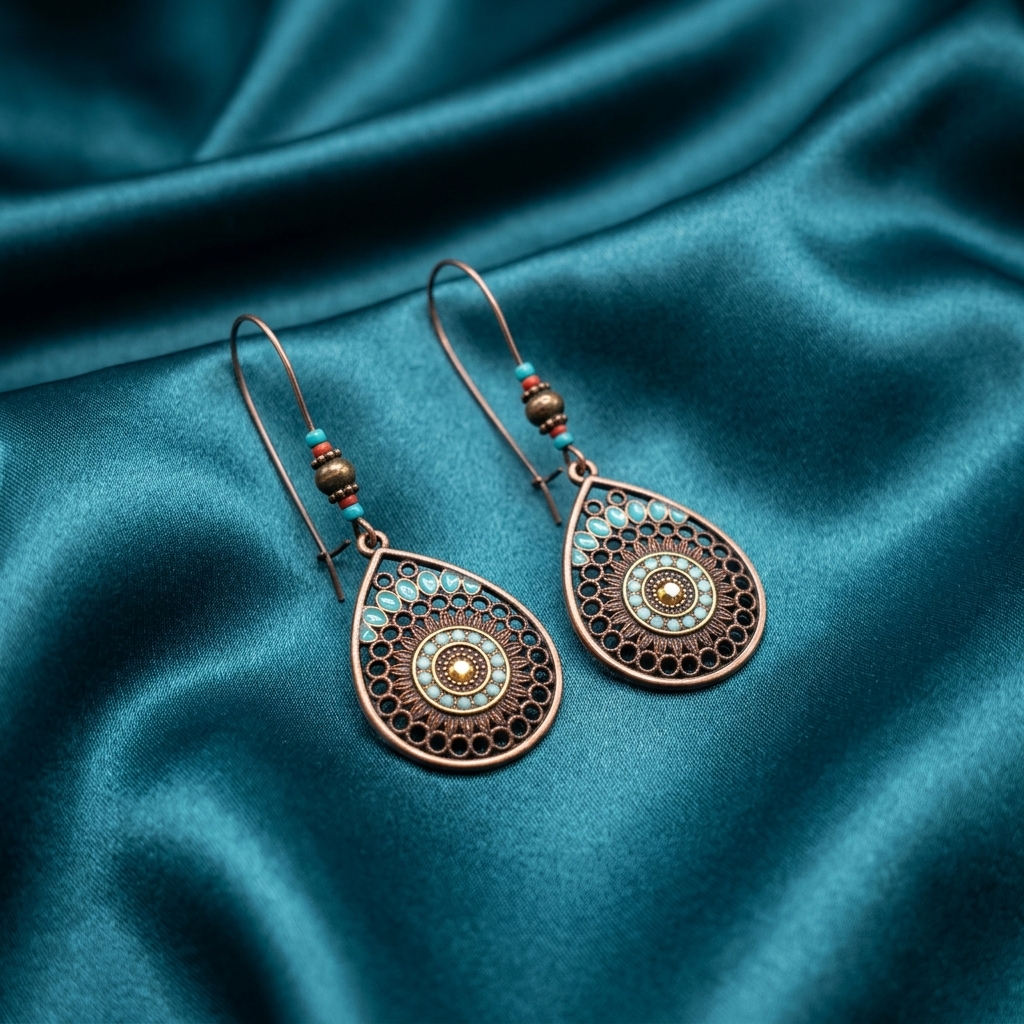 Earring_on_satin_cloth_background_202605251659 (1) Boho Copper Filigree Mandala Teardrop Dangle Earrings