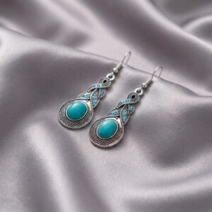 Vintage Silver Turquoise Stone Teardrop Hook Earrings