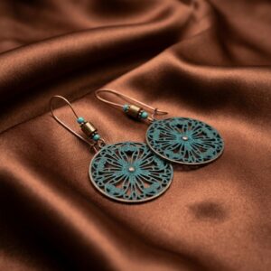 Teal Patina Filigree Round Mandala Dangle Earrings