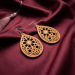 Vintage Wood Flower Teardrop Dangle Earrings