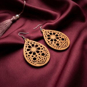 Vintage Wood Flower Teardrop Dangle Earrings