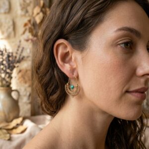 Boho Gold Filigree Turquoise Stone Hoop Earrings