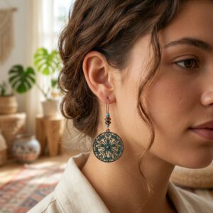 Teal Patina Filigree Round Mandala Dangle Earrings