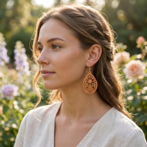 Vintage Wood Flower Teardrop Dangle Earrings