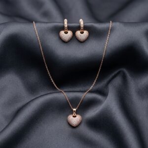 Rose Gold Heart Pendant Necklace & Hoop Earrings Set
