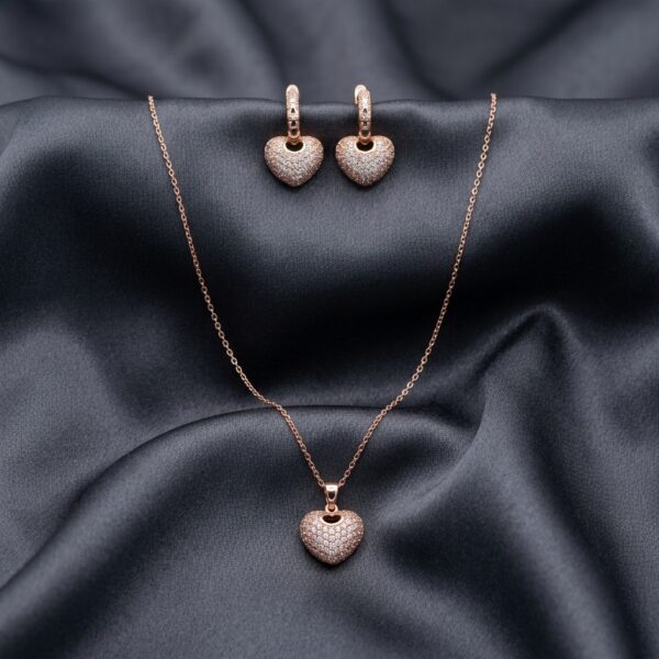 Rose gold-tone CZ heart pendant necklace earring set - SunShoppers UK