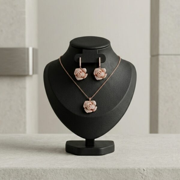 Rose gold-tone CZ rose flower necklace earring set - SunShoppers UK