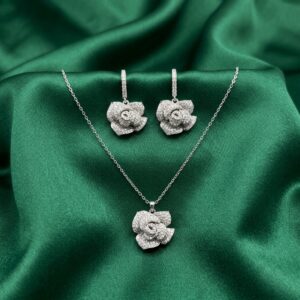 Silver Geometric Flower Necklace & Earrings Set
