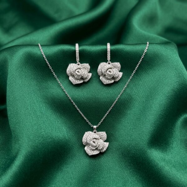 Silver-tone CZ rose flower necklace earring set - SunShoppers UK