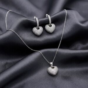 Silver Heart Pendant Necklace & Hoop Earrings Set
