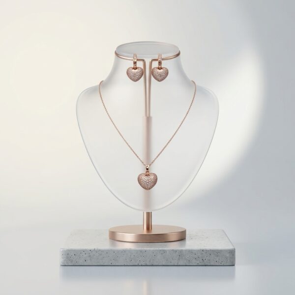 Rose Gold Heart Pendant Necklace & Hoop Earrings Set