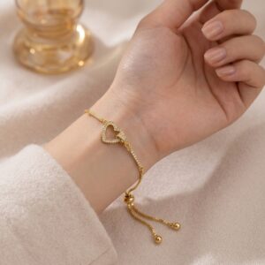 Gold CZ Open Heart Adjustable Slider Bracelet