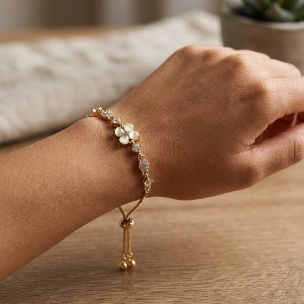Gold CZ Flower Adjustable Slider Bracelet