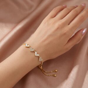 Gold Triple Heart Enamel & CZ Adjustable Slider Bracelet