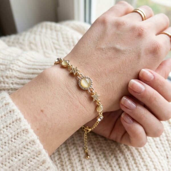 Gold Opal & CZ Star Moon Link Chain Bracelet