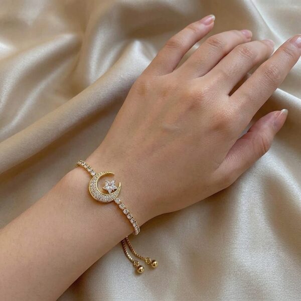 Gold CZ Crescent Moon & Star Tennis Adjustable Slider Bracelet