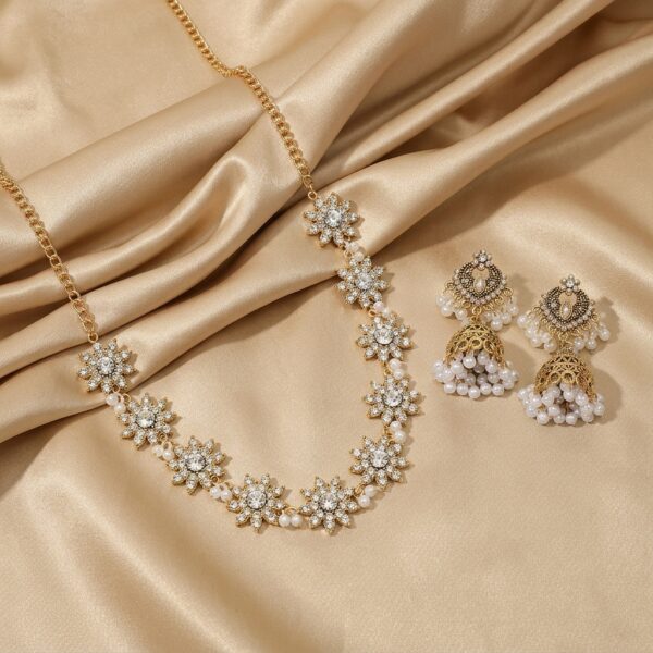 Crystal sunflower jhumka necklace earring set white - SunShoppers UK