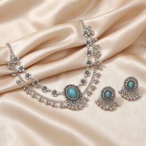 Oxidised Silver Oval Stone Ghungroo Choker & Earring Set