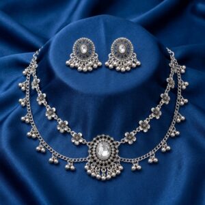 Oxidised Silver Oval Stone Ghungroo Choker & Earring Set