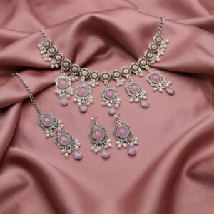 Pink Opal Silver Bridal Choker, Earring & Maang Tikka Set