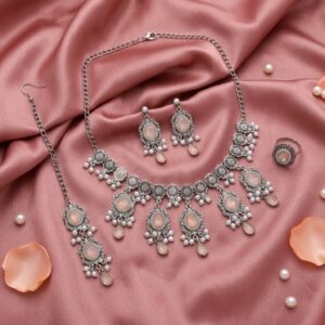 Opal Stone Silver Bridal Choker, Earring, Ring & Maang Tikka Set