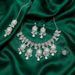 Opal stone silver bridal choker earring ring maang tikka set green - SunShoppers UK