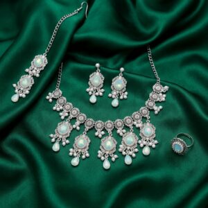 Opal Stone Silver Bridal Choker, Earring, Ring & Maang Tikka Set