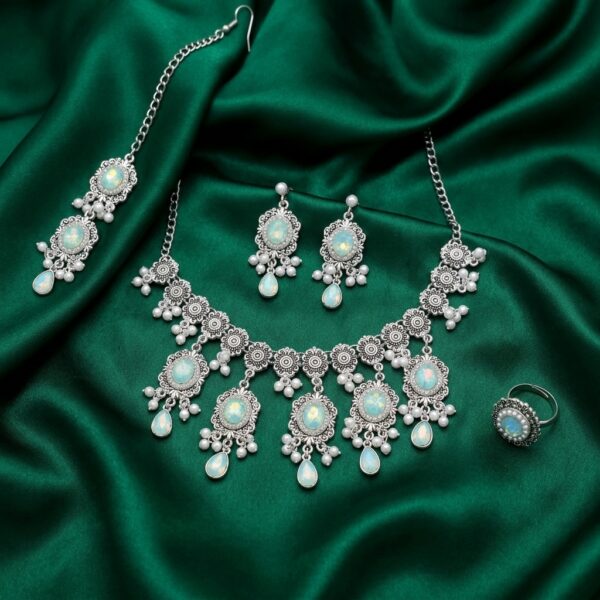 Opal stone silver bridal choker earring ring maang tikka set green - SunShoppers UK