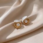 Gold Swirl White Enamel Pearl Stud Earrings