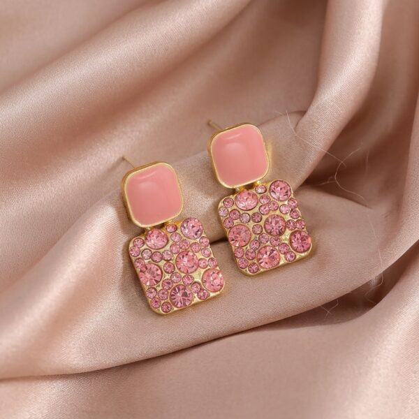 Crystal pavé square drop stud earrings pink - SunShoppers UK