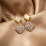 Gold Opal & Crystal Pavé Square Drop Stud Earrings
