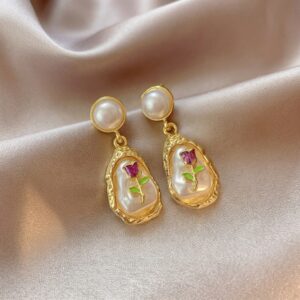 Gold Pearl Oyster Shell Rose Flower Drop Earrings