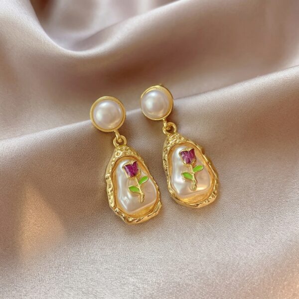 Gold Pearl Oyster Shell Rose Flower Drop Earrings