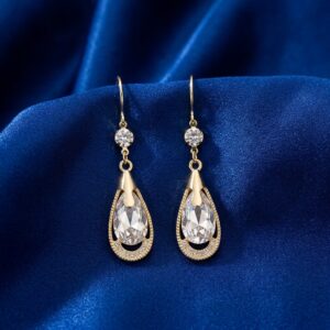 Gold CZ Teardrop Crystal Dangle Hook Earrings