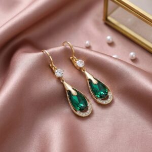 Gold CZ Teardrop Crystal Dangle Hook Earrings