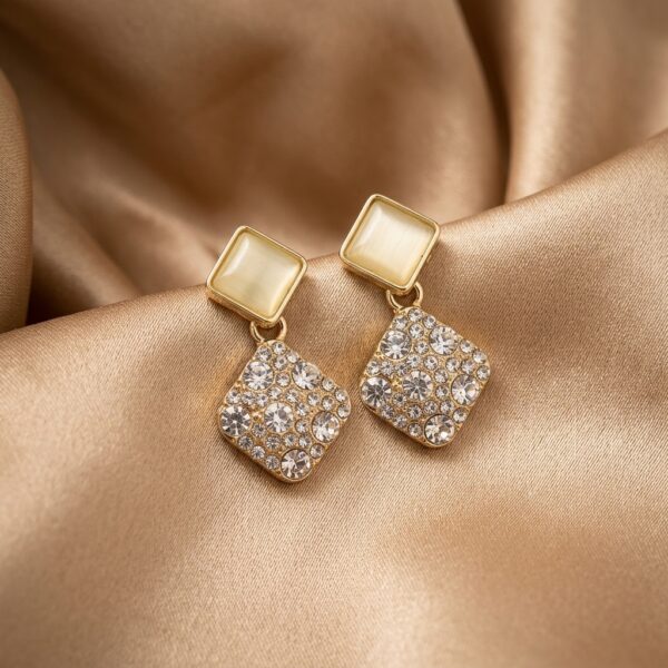 Gold Opal & Crystal Pavé Square Drop Stud Earrings