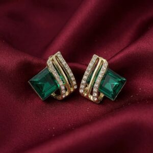 Gold Emerald Cut Crystal & CZ Stripe Stud Earrings