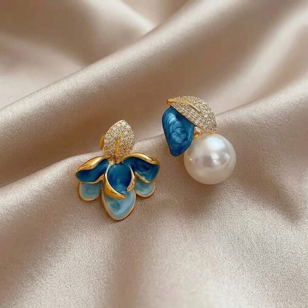 Gold Blue Enamel Flower & Pearl Drop Earrings