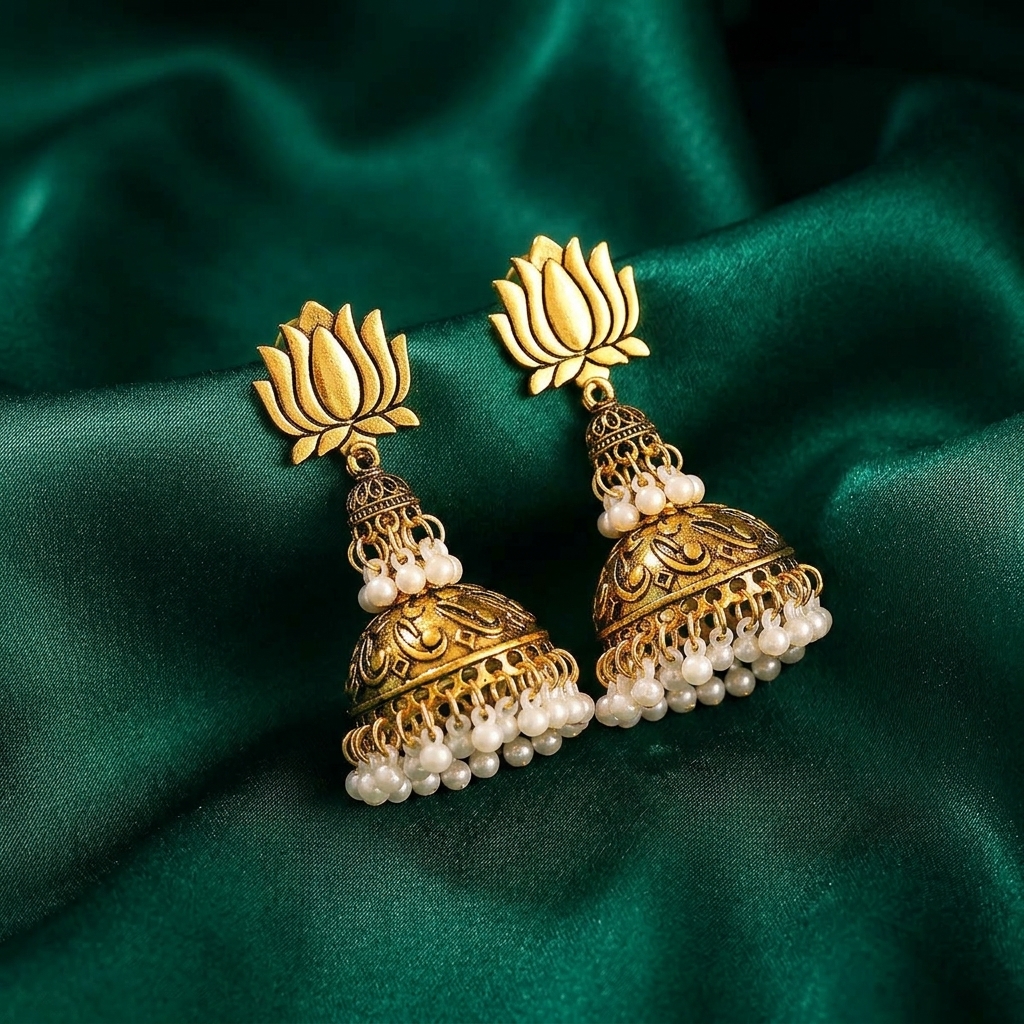 Earring_on_satin_cloth_202606030951 Lotus Jhumka Pearl Drop Earrings