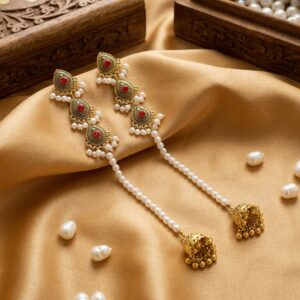 Triple Teardrop Pearl Chain Jhumka Drop Earrings
