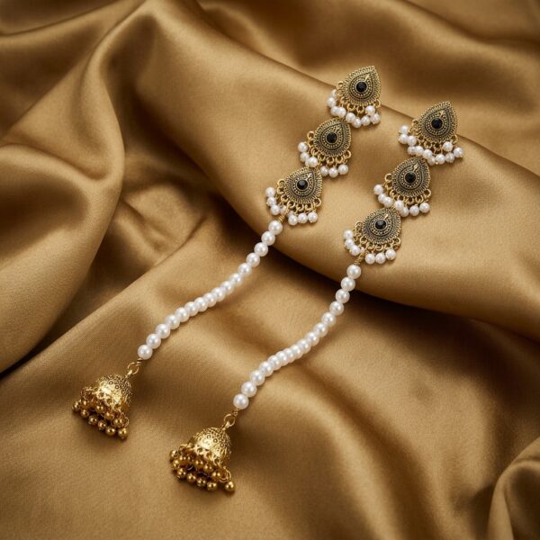 Triple Teardrop Pearl Chain Jhumka Drop Earrings