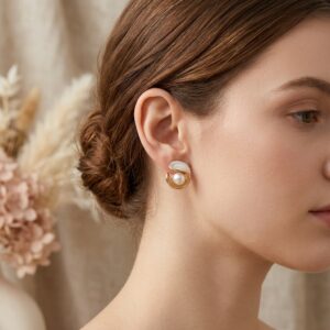 Gold Swirl White Enamel Pearl Stud Earrings