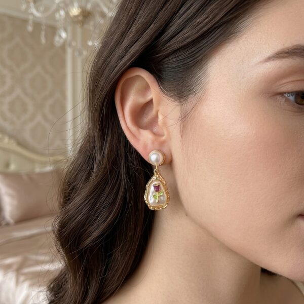 Gold Pearl Oyster Shell Rose Flower Drop Earrings