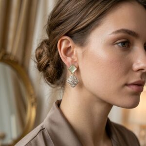 Gold Opal & Crystal Pavé Square Drop Stud Earrings